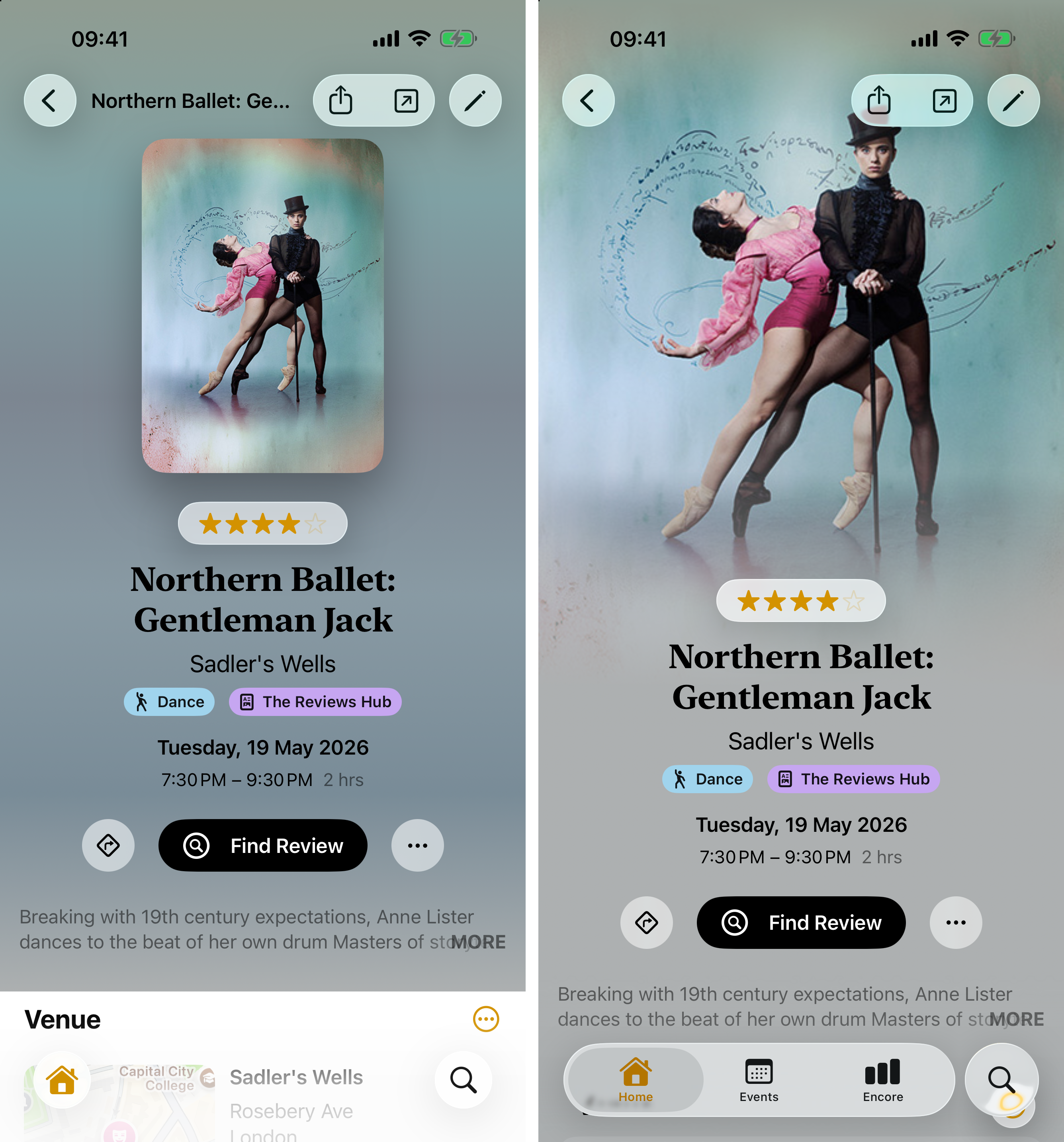 An event detail screen before and after the 1.3 refresh, side by side